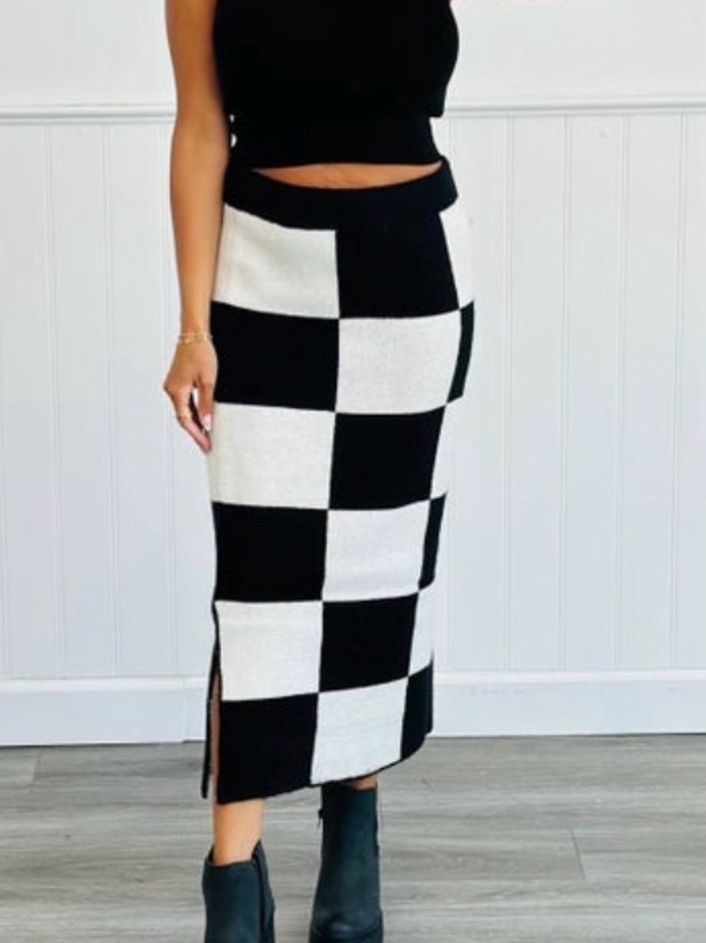 Checkerboard Knit Midi Skirt - Black & White
